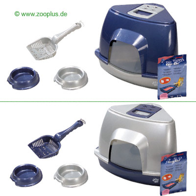 kattenbak collectie     zilver met blauwe onderschaal