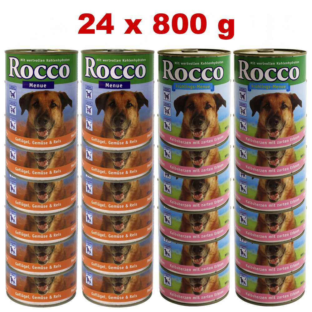 smulpakket rocco menu 24 x 800 g     gevogelte, groente & rijst en kalfshart met groene erwten
