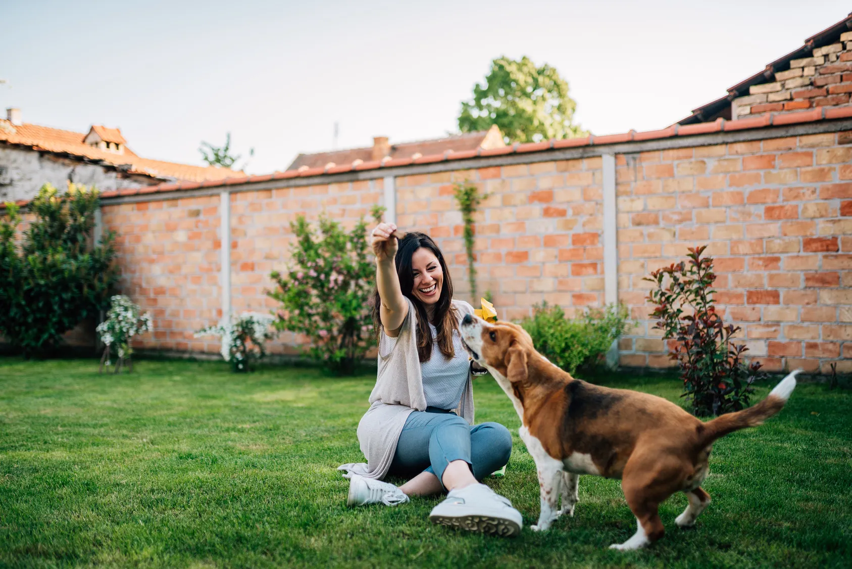 hond speelt met vrouw