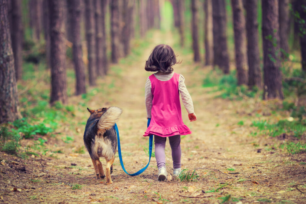 hond met meisje in bos hond met meisje in bos