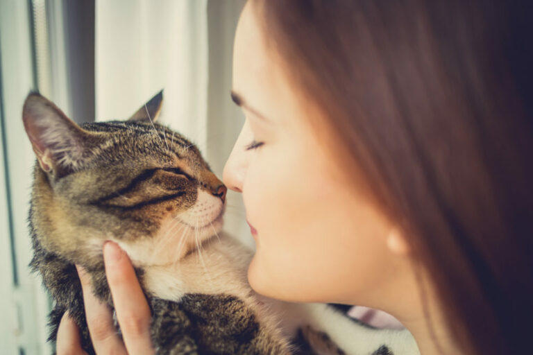 vrouw knuffelt kat goed voor gezondheid