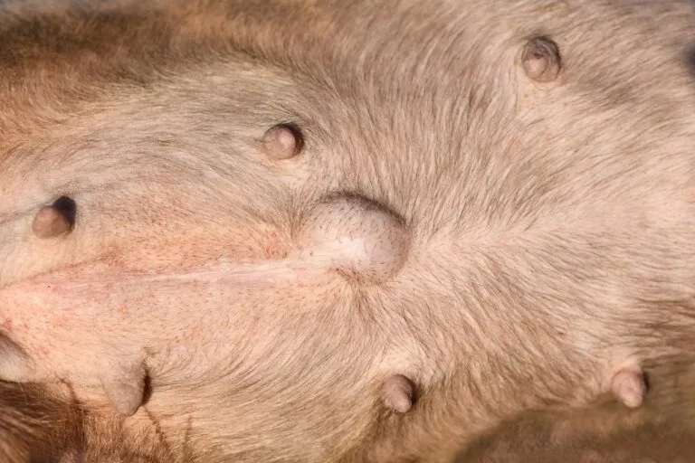 Kleine, zachte zwelling bij de navel van een hond door een navelbreuk.