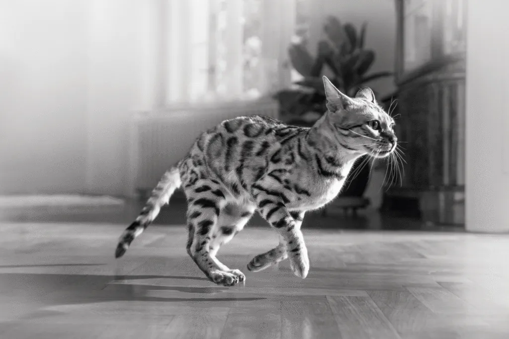 Een kieskeurige kat rent enthousiast door de kamer terwijl ze op haar favoriete lekkernijen wacht.